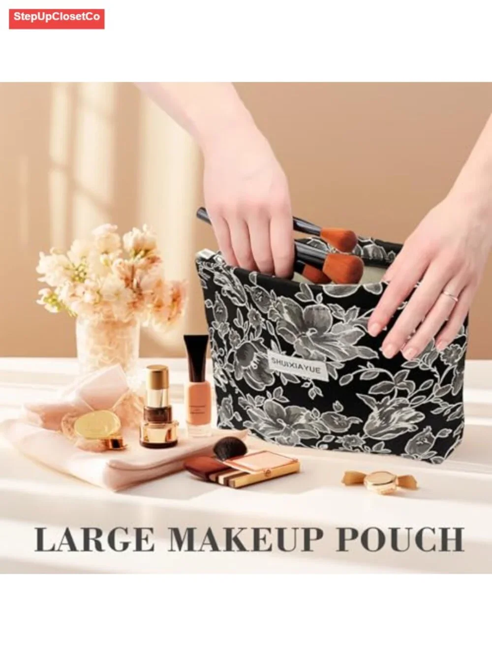 Large Canvas Cosmetic Bag with Zipper - Floral Embroidery Travel Toiletry Pouch